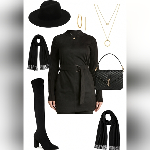 ☆Ann Taylor Black Suede Mock Neck Belted Tunic Sweater☆ - Picture 1 of 3